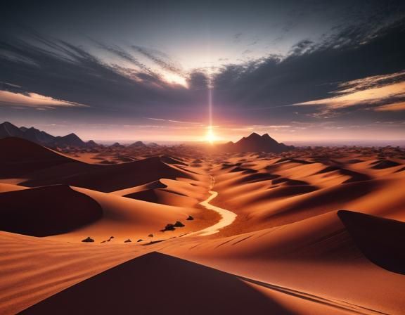 Desert sunrise in a purple planet atmosphere