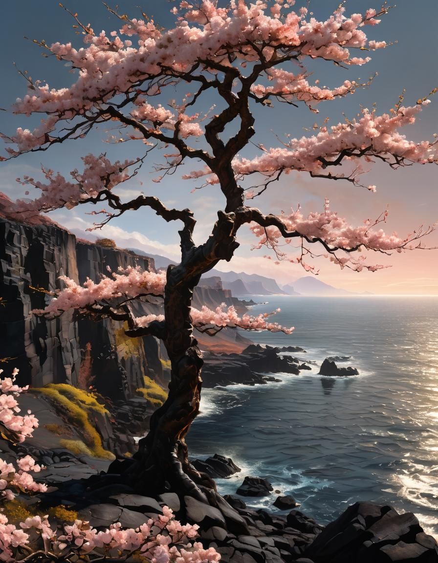 Sakura Tree on Lava Landscape in Baroque Style