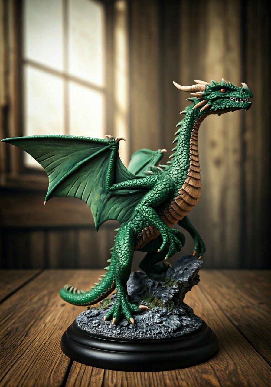 Green Dragon Clay Sculpture in Attack Stance