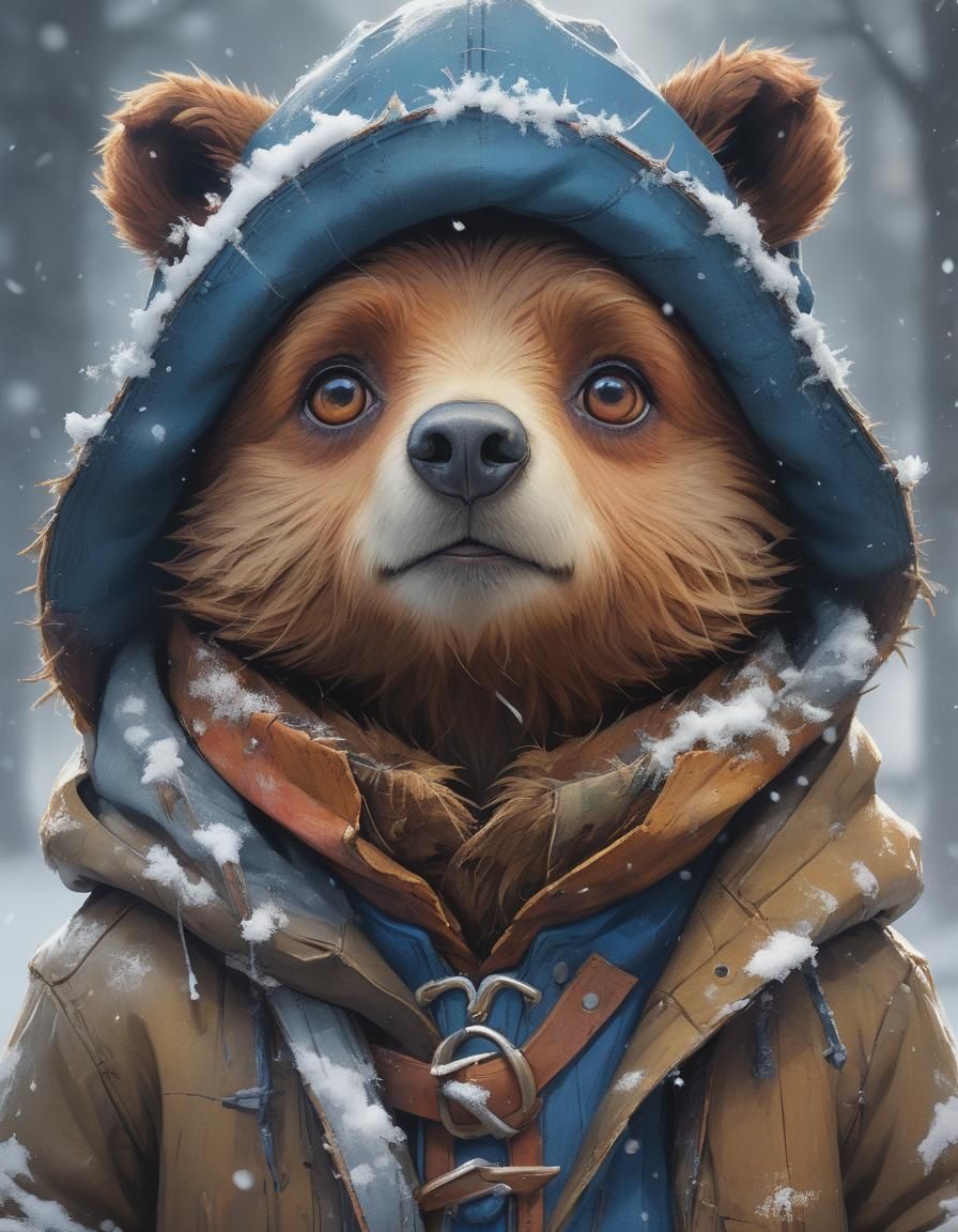 Paddington Bear Portrait on Snowy Day, Digital Art