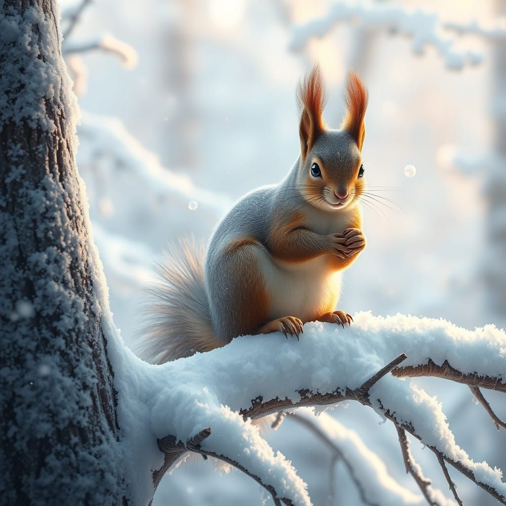 Surreal Winter Wonderland Scene with Majestic Squirrel