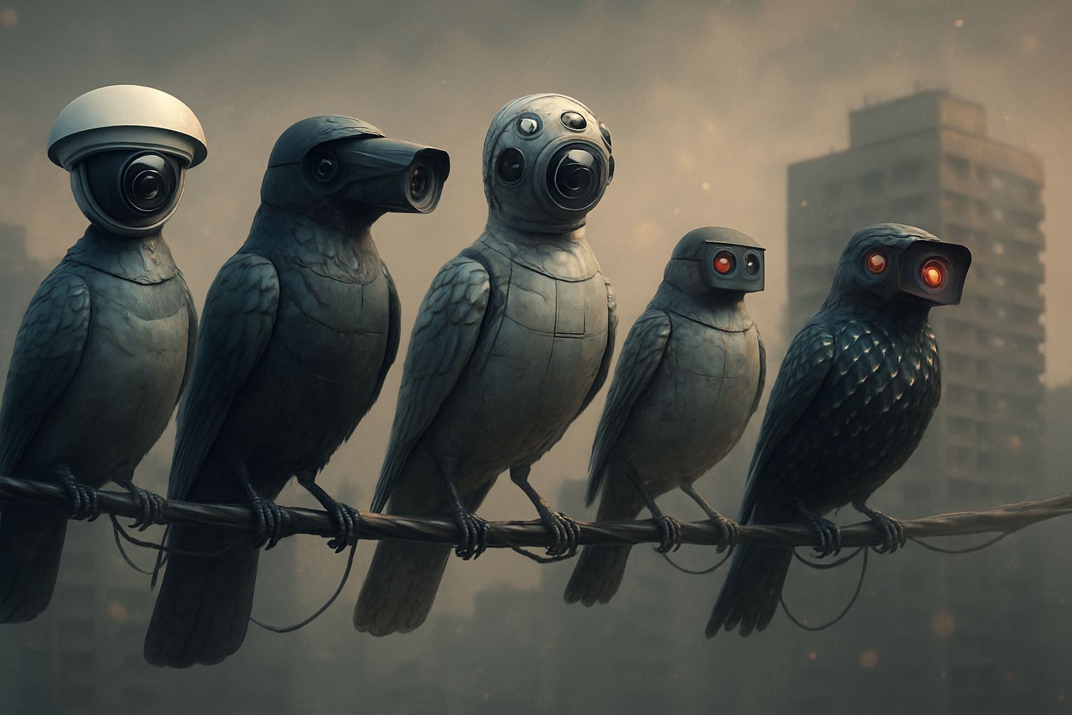 Surreal Biomechanical Birds in Urban Surveillance Art