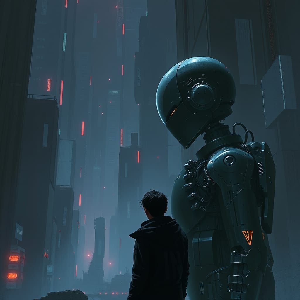 Futuristic Robot Malfunction in a Dark Cityscape