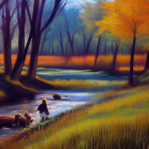 Deer in Meadow by Stream in Warm Colors