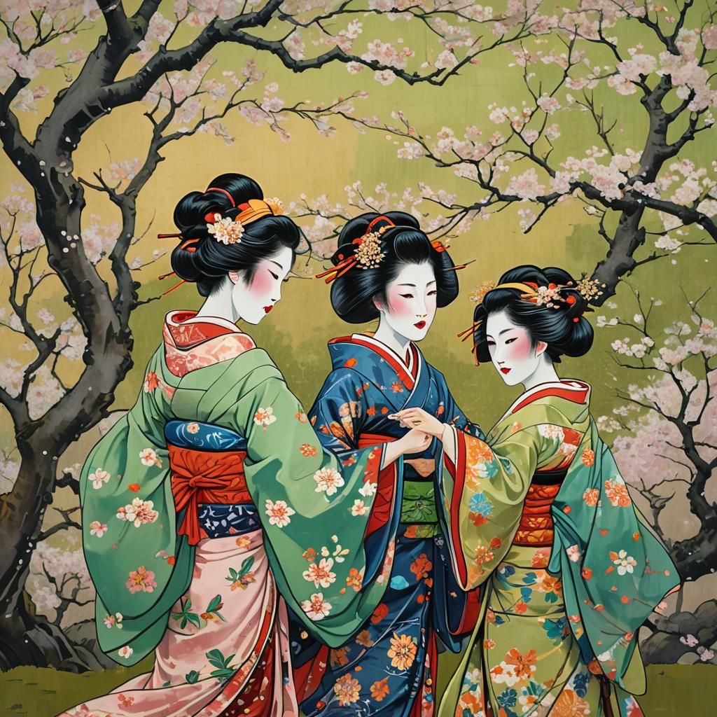 Geishas Under Cherry Trees in Neo-Impressionist Style