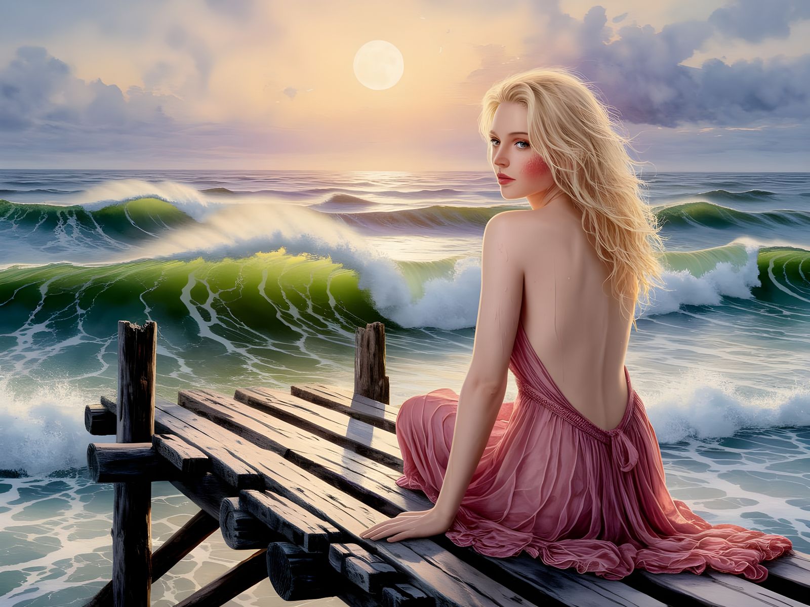 Norse Goddess Portrait on Wooden Pier in Watercolor Style