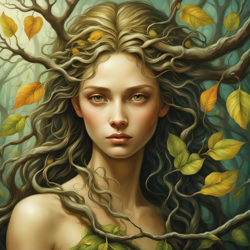 Ethereal Dryad Beside Her Tree in Surreal Oil Painting