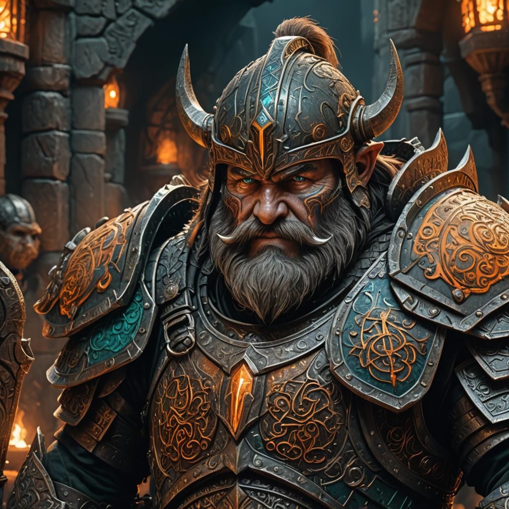 Dwarven Warrior in Intricate Armor: Digital Matte Painting