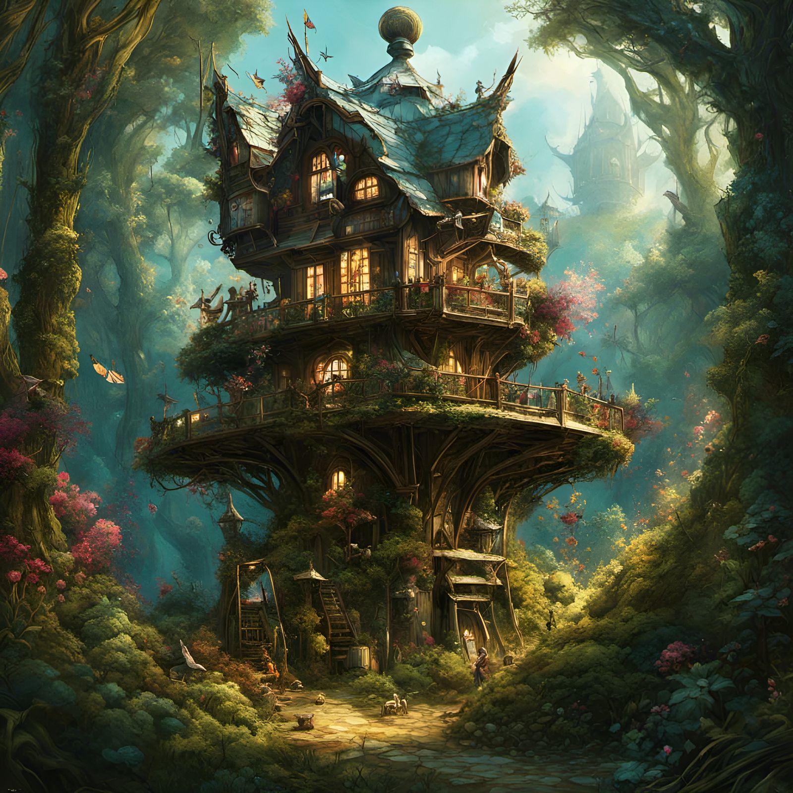 Faerie Windmill in Glowing Forest, Fantasycore Art
