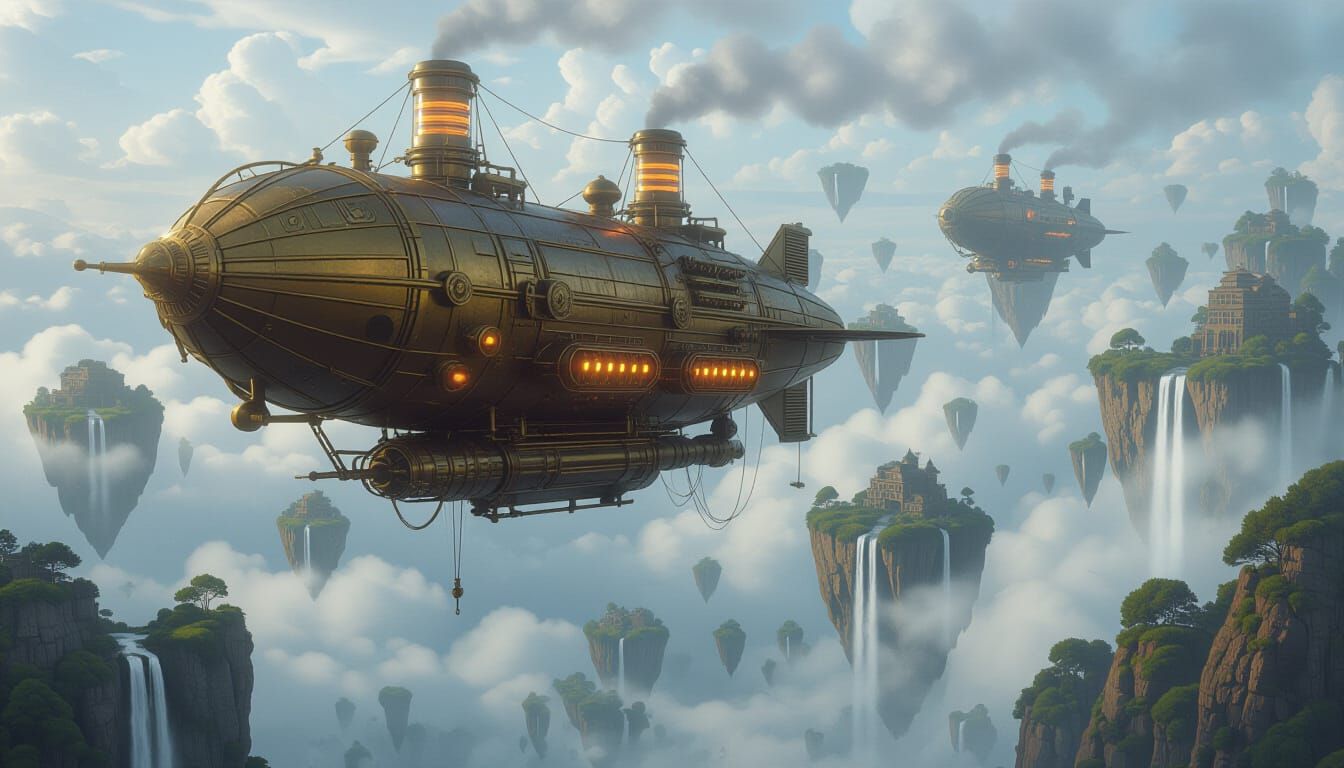 Steampunk Airship Navigates Misty Sky Islands