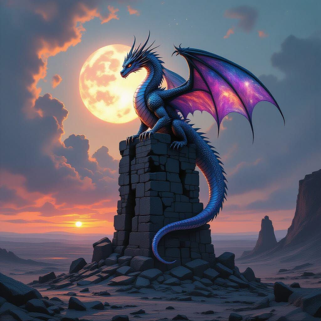 Nebula Dragon Perched on Obsidian Tower: Cosmic Art