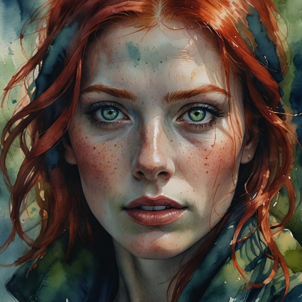 Watercolor Portrait of a Girl with Red Hair