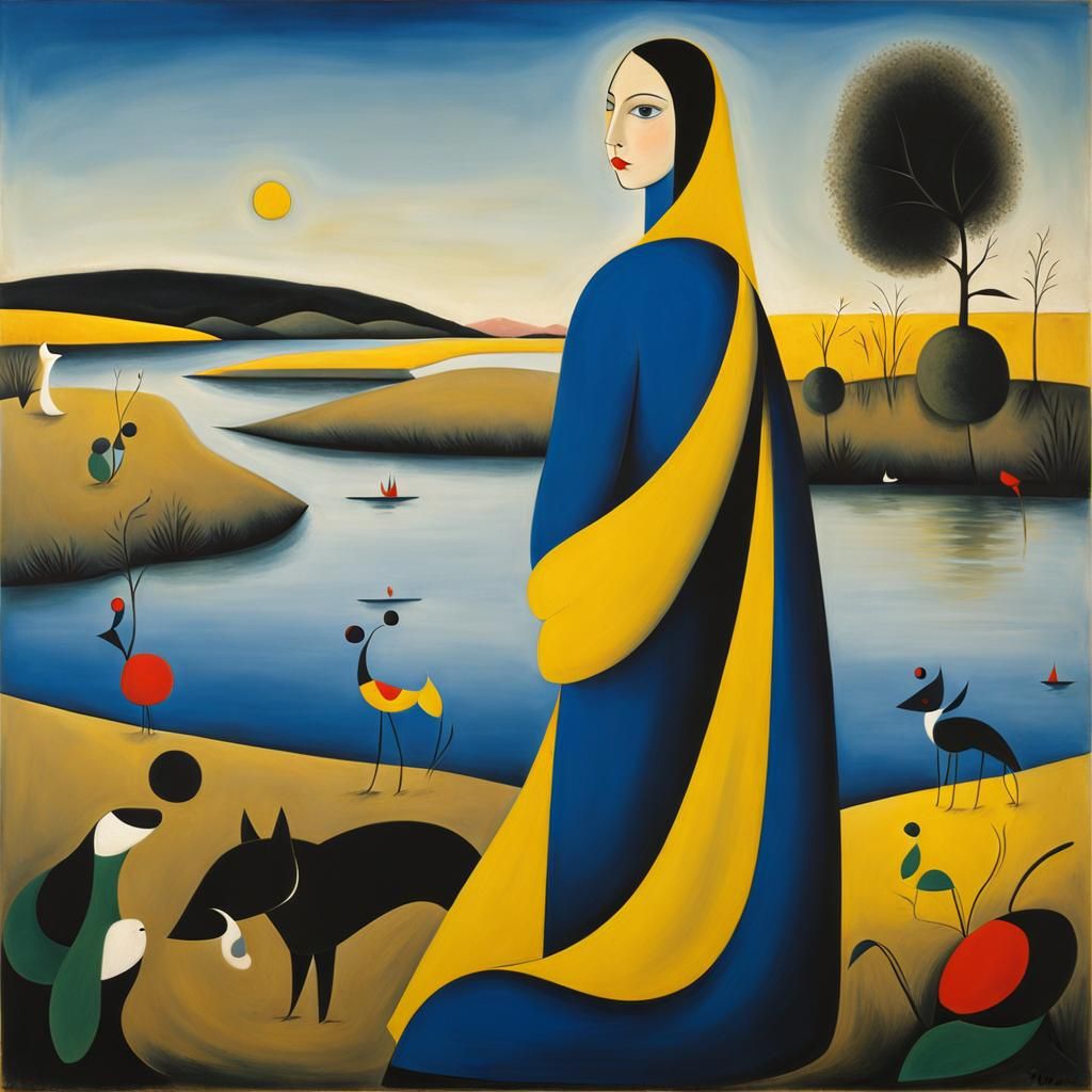 Surreal Woman at Riverbank in Miró Style
