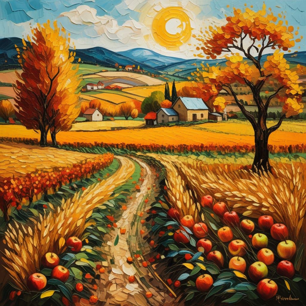 Vibrant Autumn Harvest Oil Painting in Van Gogh Style