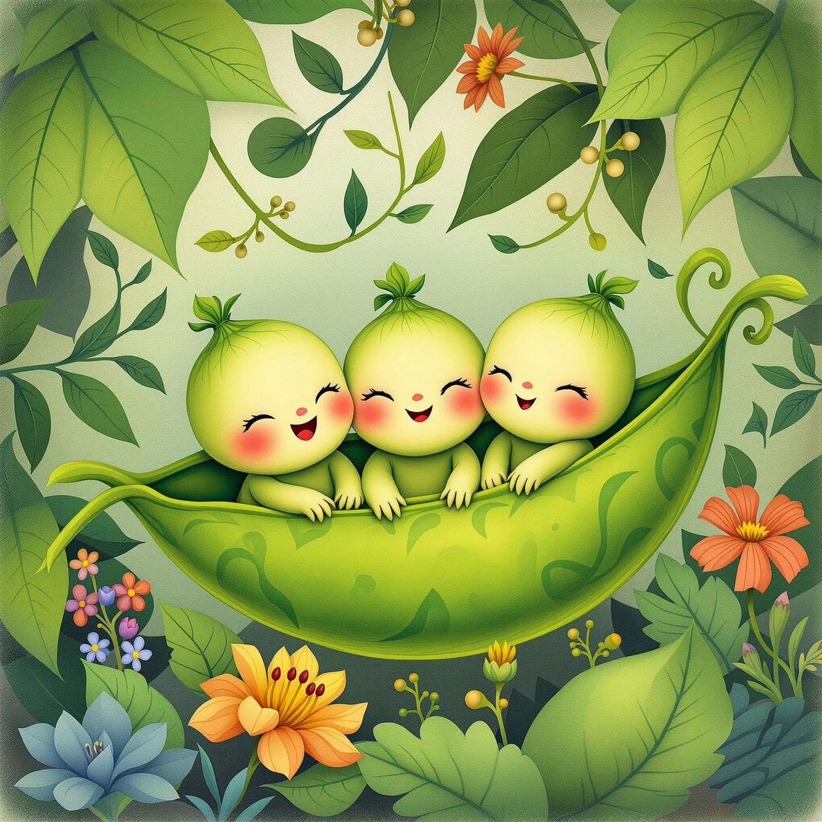 Joyful Peas in Pod, Whimsical Illustration