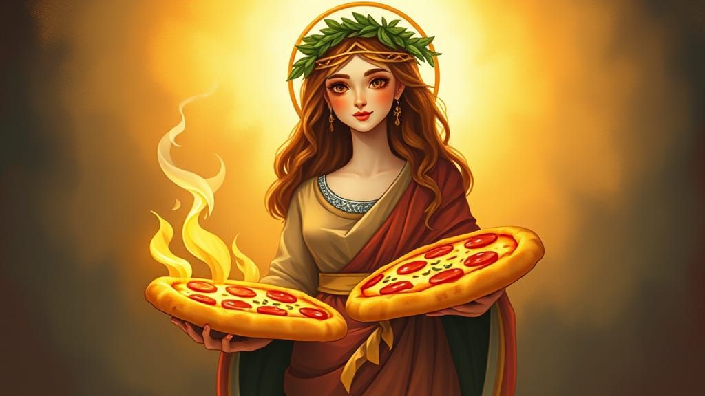 Pizza Goddess with Pie in Digital Art Style