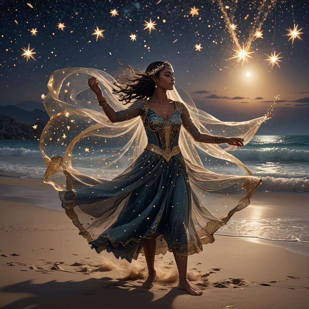 Starry Veiled Dancer on Moonlit Beach: Matte Painting
