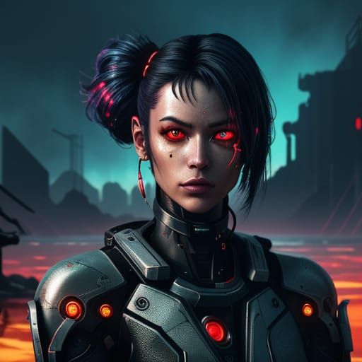 Cyborg Luna on Abandoned Planet in Cyberpunk Style