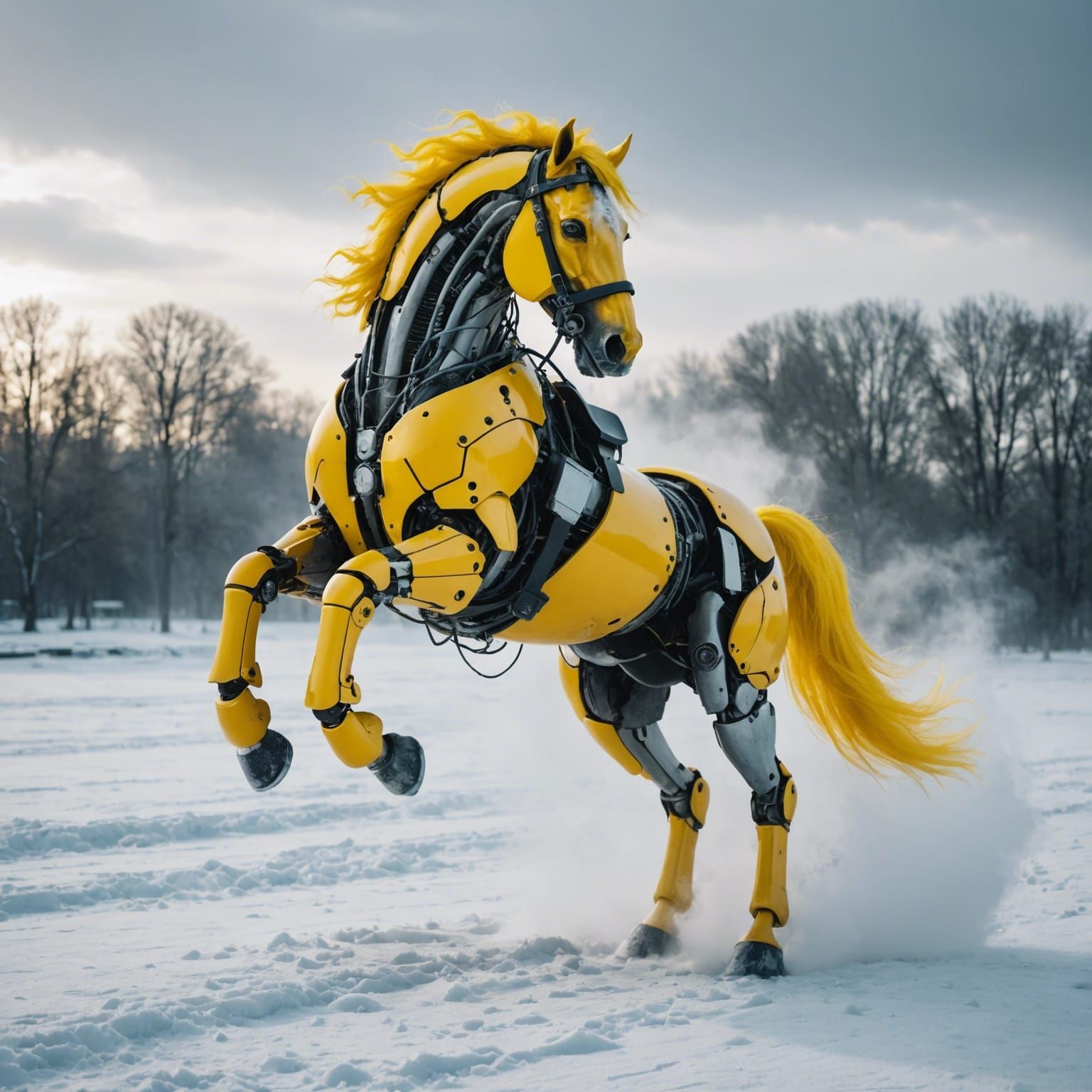 Robot Horse Jumps in Dystopian Winter