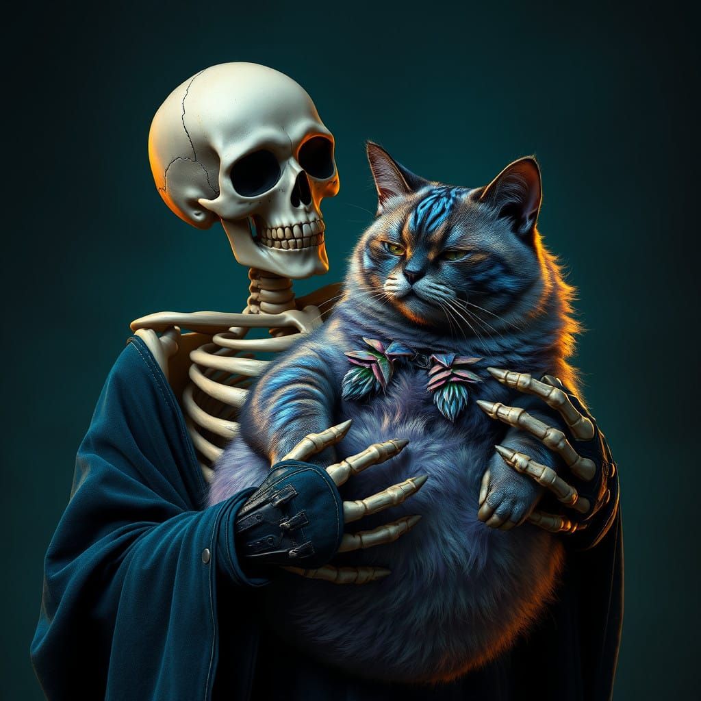 Regal Skeleton Adorns His Velvet Robes with a Majestic Blue....