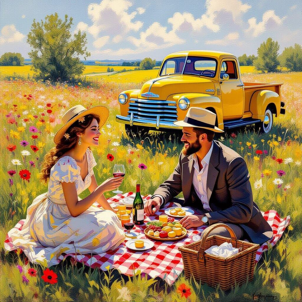 Impressionist Picnic Scene with Vintage Truck