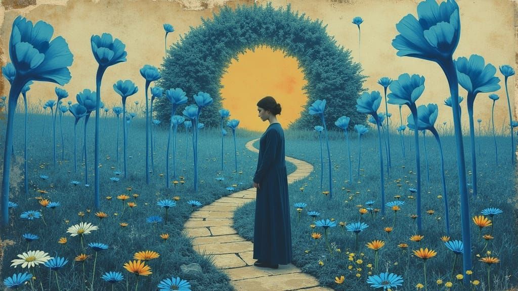 Surreal Garden with Giant Blue Flowers