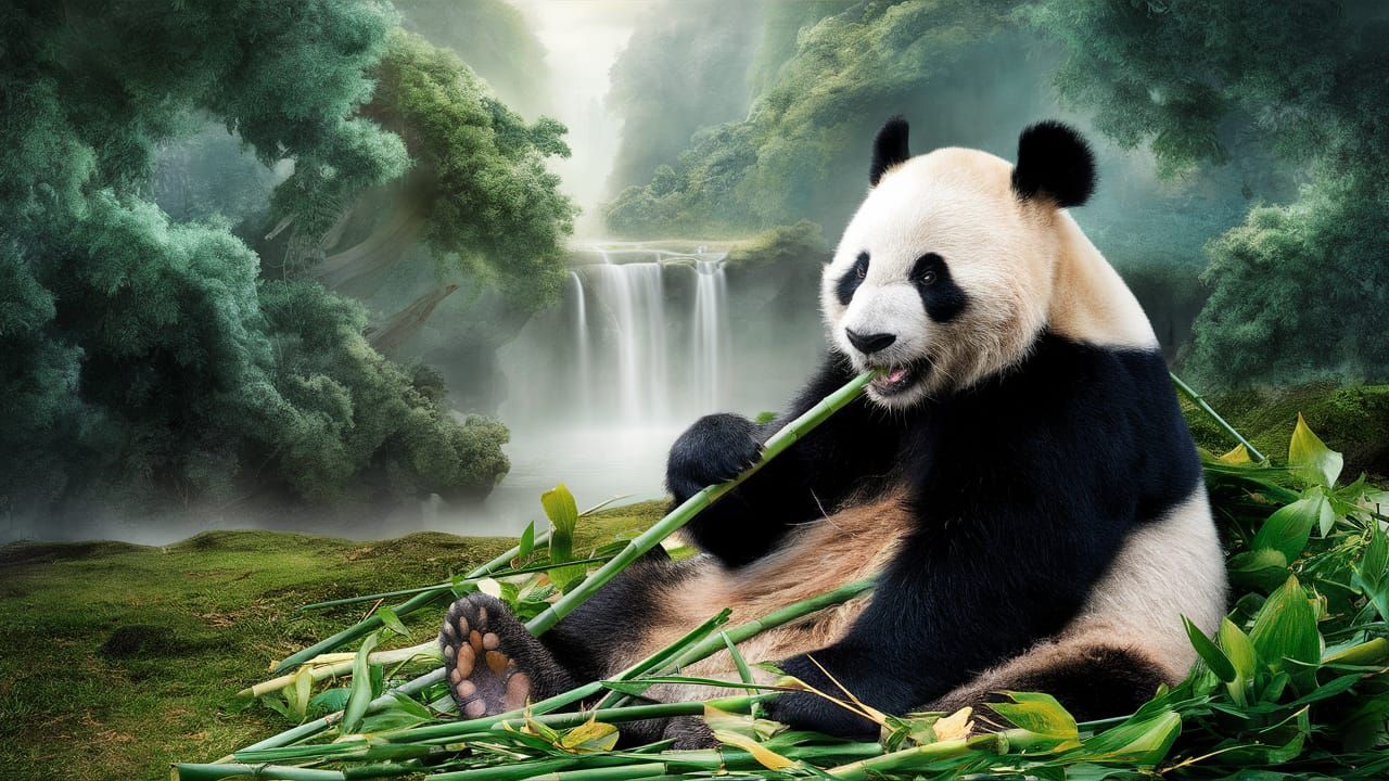 Panda Bear in Fantasy Landscape, Ethereal Painting