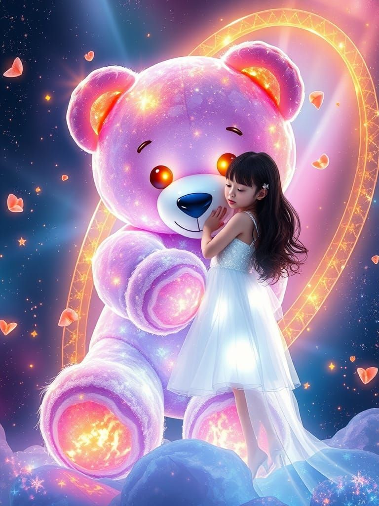 Ethereal Cosmic Hug: Girl and Crystal Bear