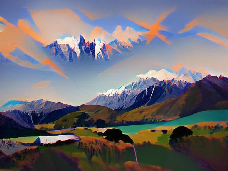 New Zealand Southern Alps in Watercolor Style
