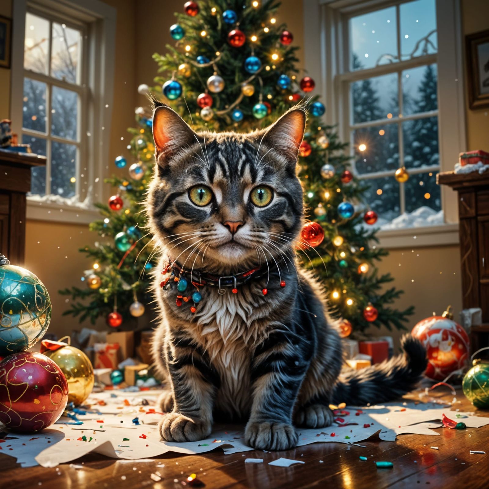 Playful Cat Causes Christmas Chaos in Hyperrealistic Scene