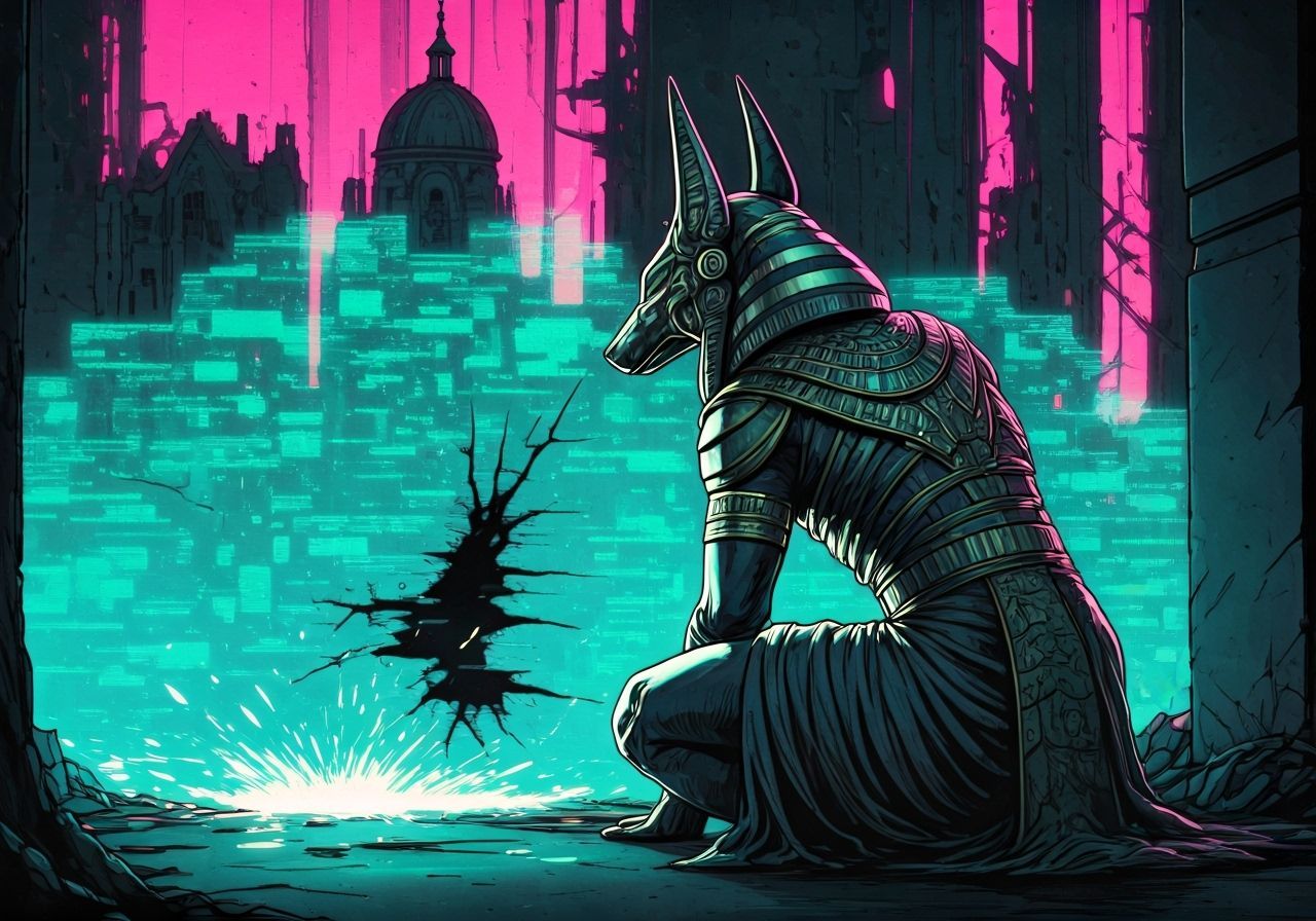 Futuristic Anubis Kneels by Glitching Holographic Fence