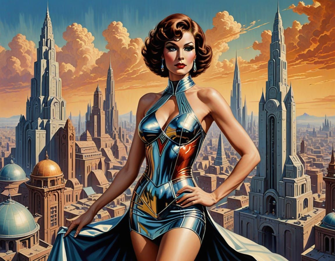 Vintage Sci-Fi Pinup Girl Stands Amidst Ancient Fantasy City...