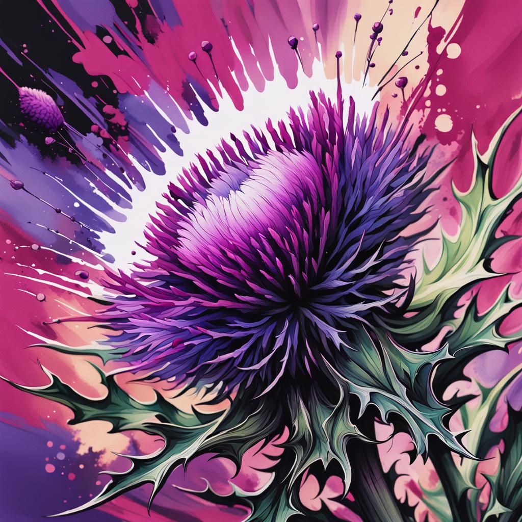 Scottish Thistle Ink Painting with Purple and Pink Fields