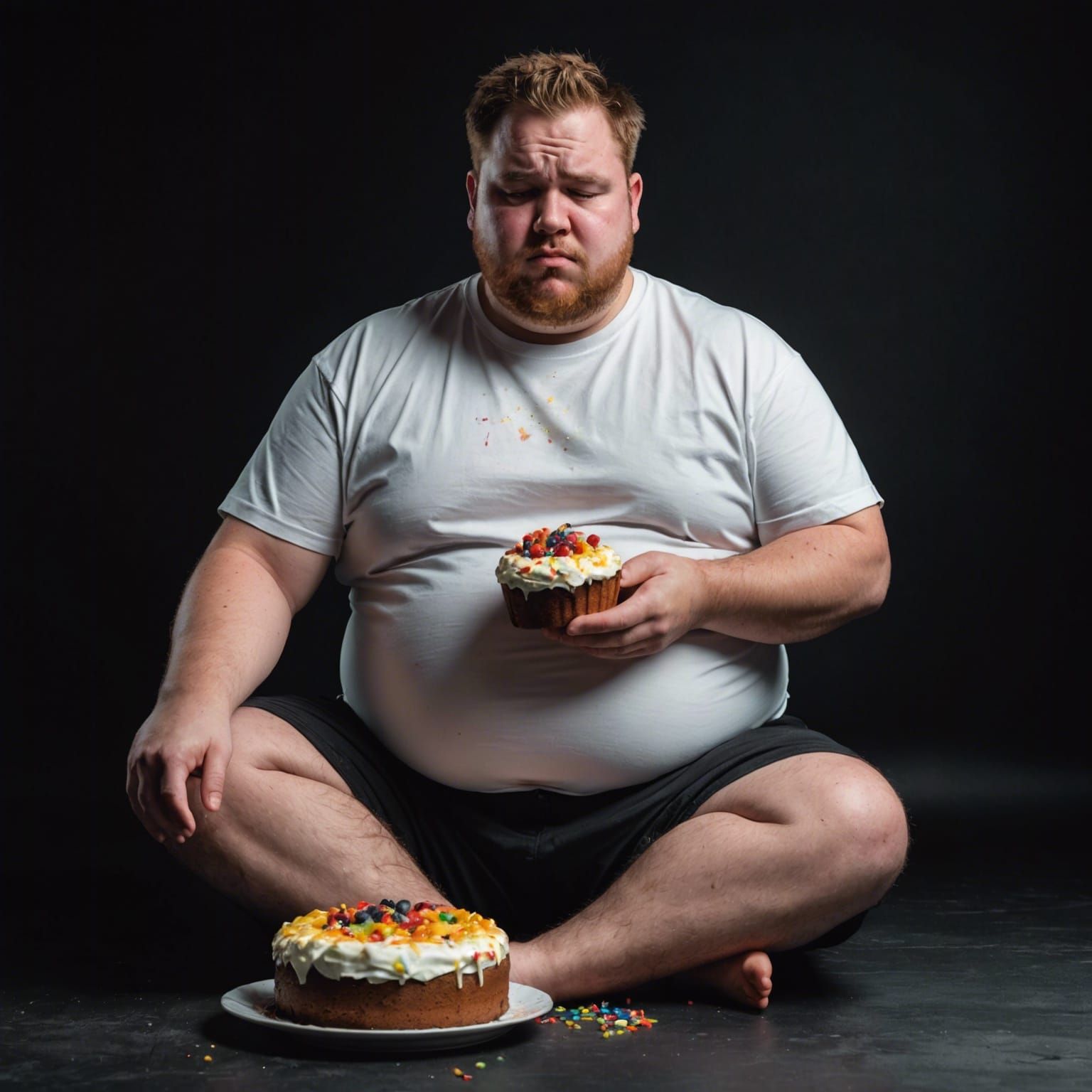 Sad Man Eating Cake, Hyperrealistic Splash Art
