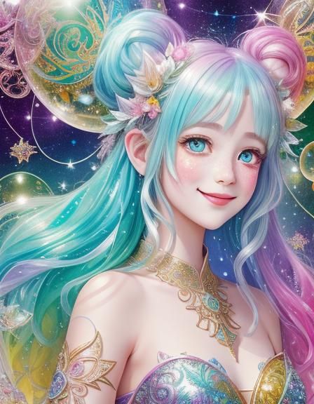 Smiling Fairy Playing with Bubbles and Leaves