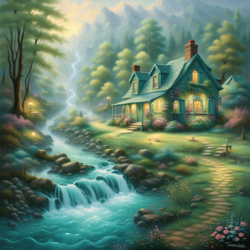 Ethereal River Town with Crystalline Growth