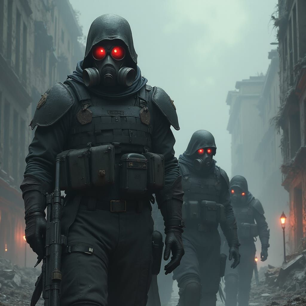 Futuristic Soldiers in a Foggy Dystopian City