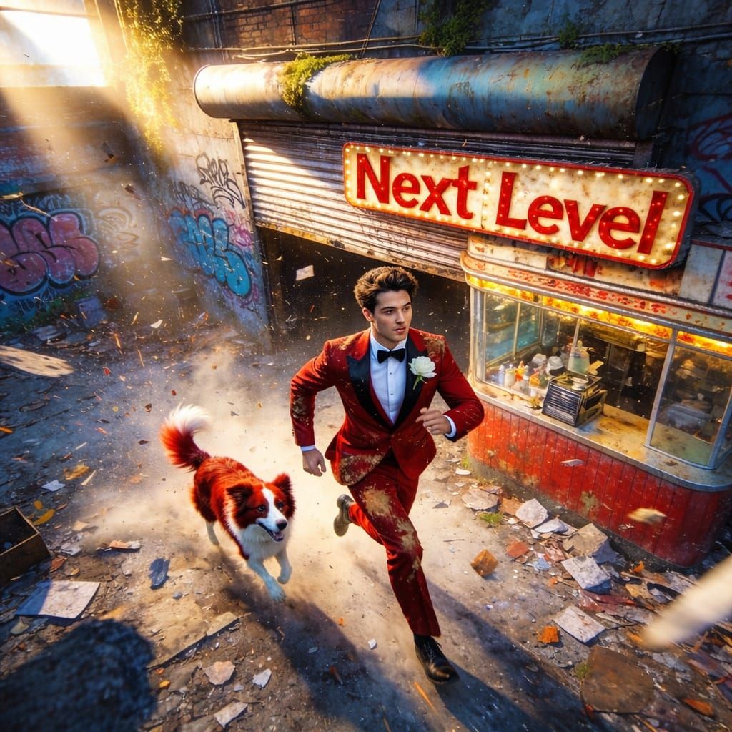 Man in Red Prom Suit Flees Dystopian Diner with Dog