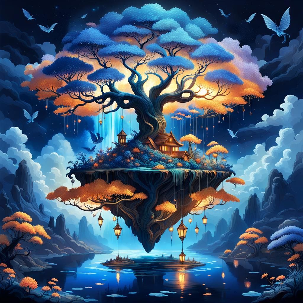 Bioluminescent Floating Island Dreamscape in Surrealist Styl...