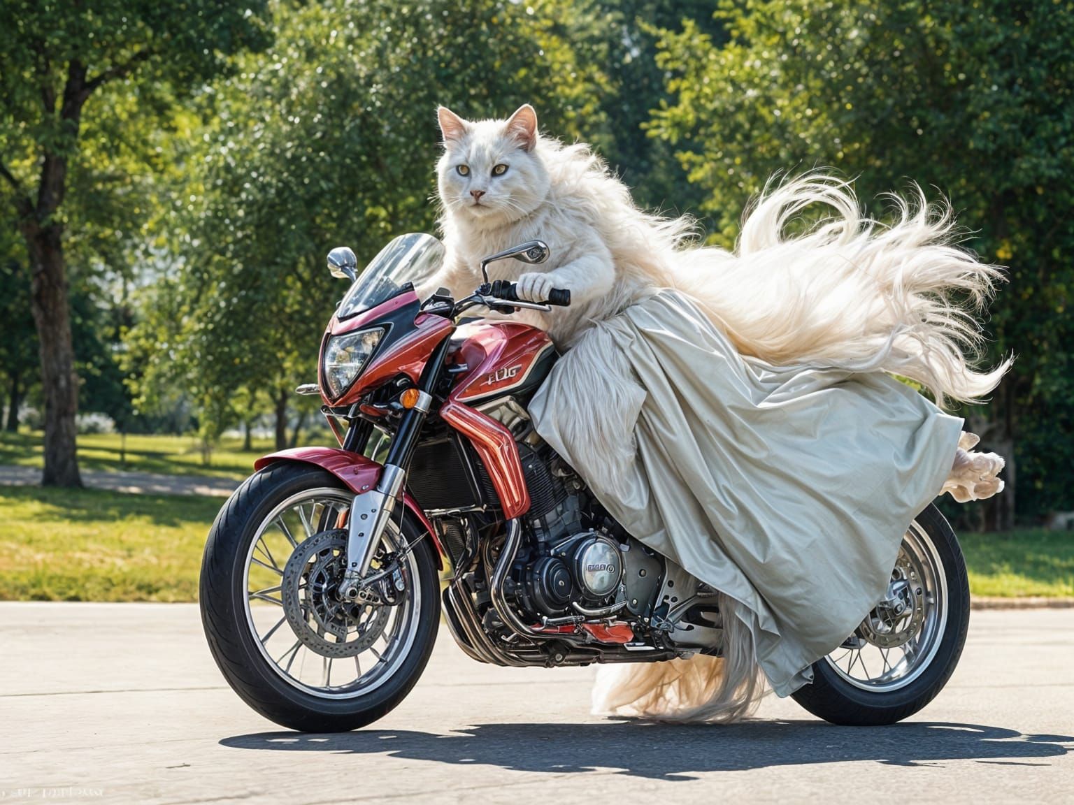 Cat in Lace Riding Sport Bike: Action Shot