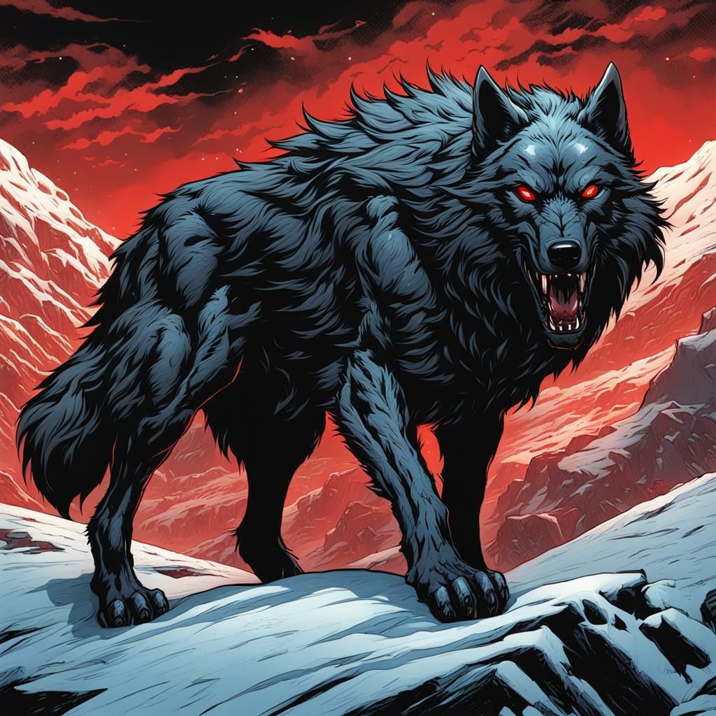 Menacing Black Wolf with Red Eyes in Comic Book Art