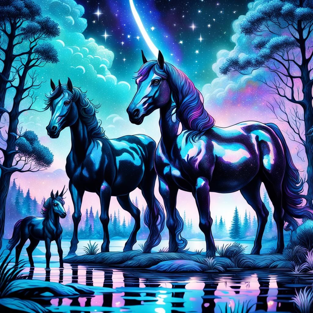 Black Unicorns and Foals Under Astral Night Sky