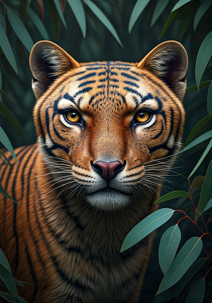 Tasmanian Tiger Hiding in Eucalyptus, Photorealistic Renderi...