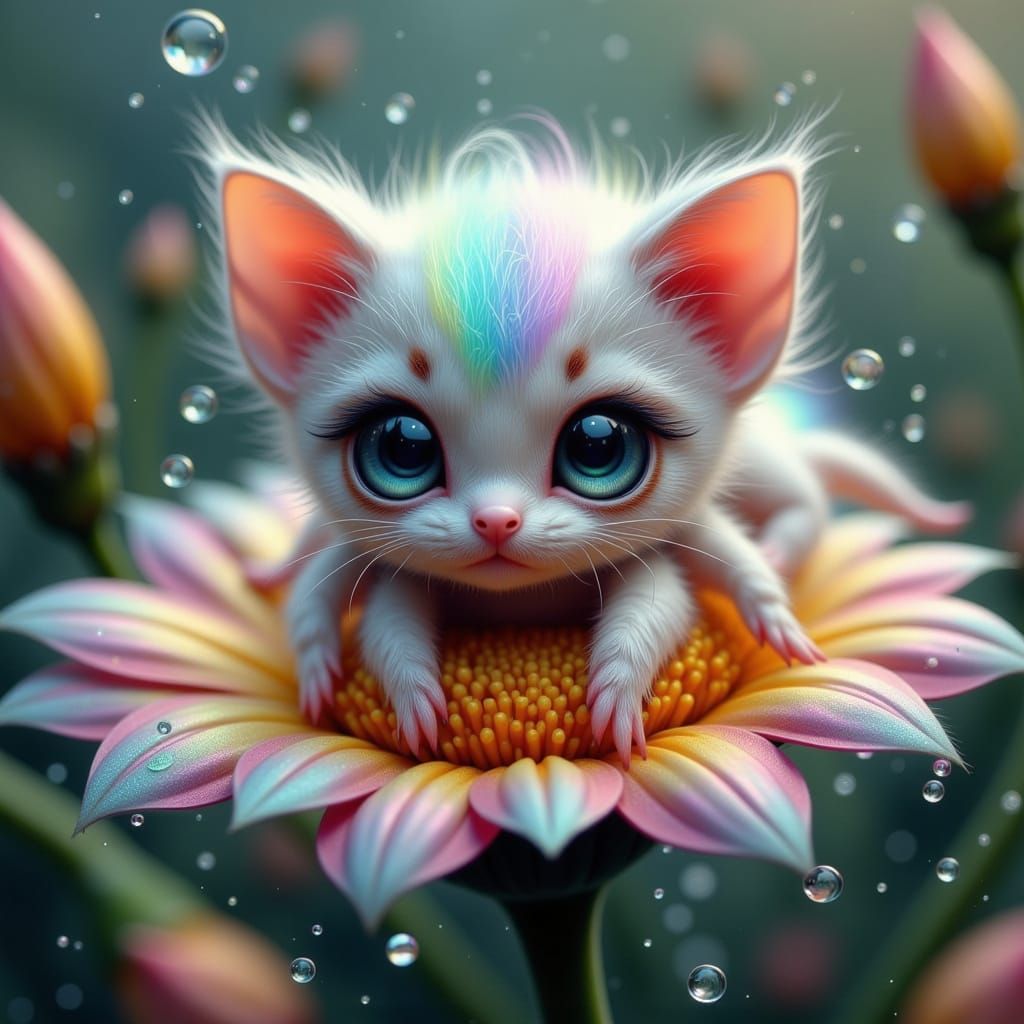 Whimsical Kitten-Spider Hybrid on a Rainbow Flower