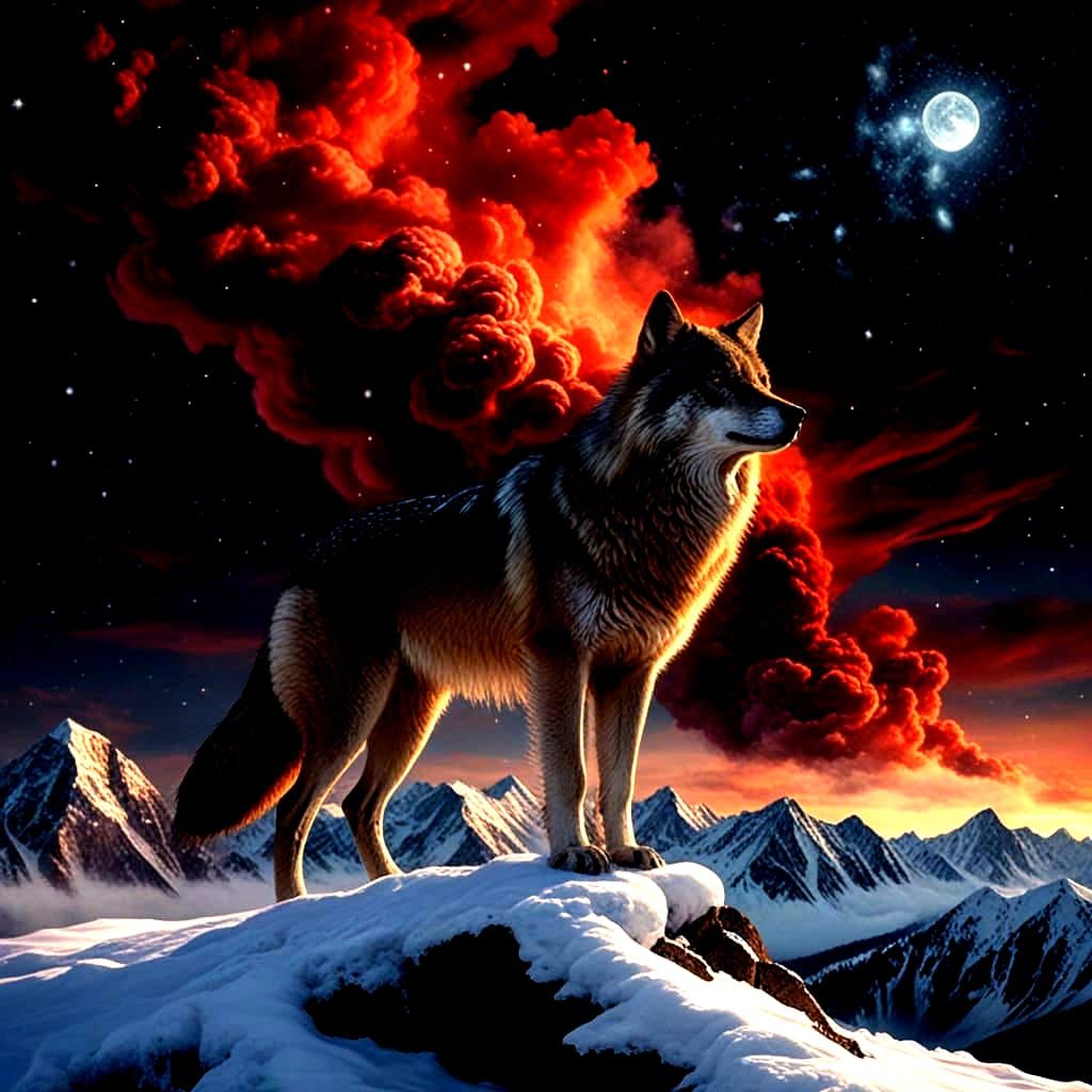 Starlit Wolf on Snowy Peak Under Red Death Cloud