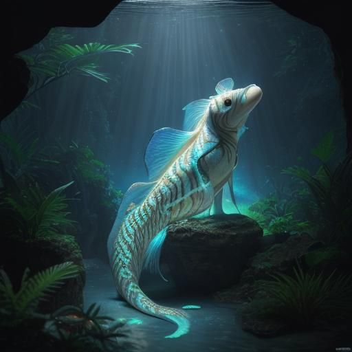 Glowing Jungle Fish in Galaxy Cave: Photorealistic Render