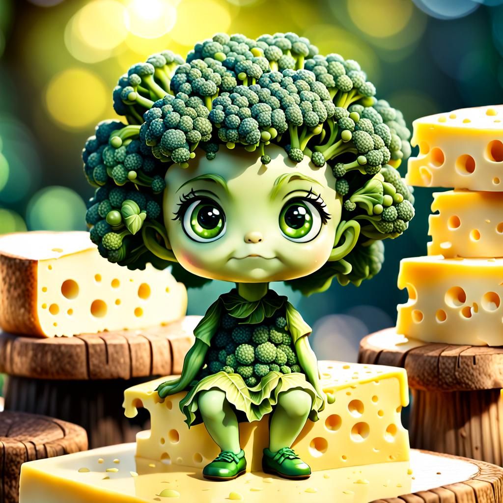 chibi broccoli sitting on a block of cheese