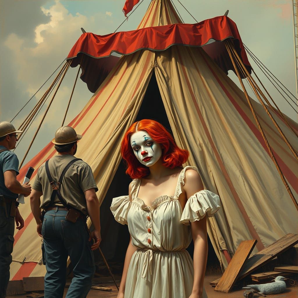 Circus Tent Scene with Pin-up Girl Sad Clown in Norman Rockw...