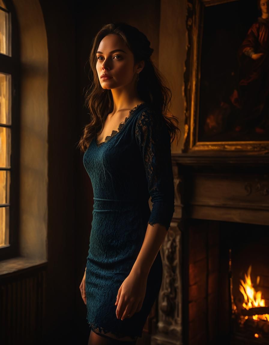 Chiaroscuro Oil Painting of Woman by Fireplace