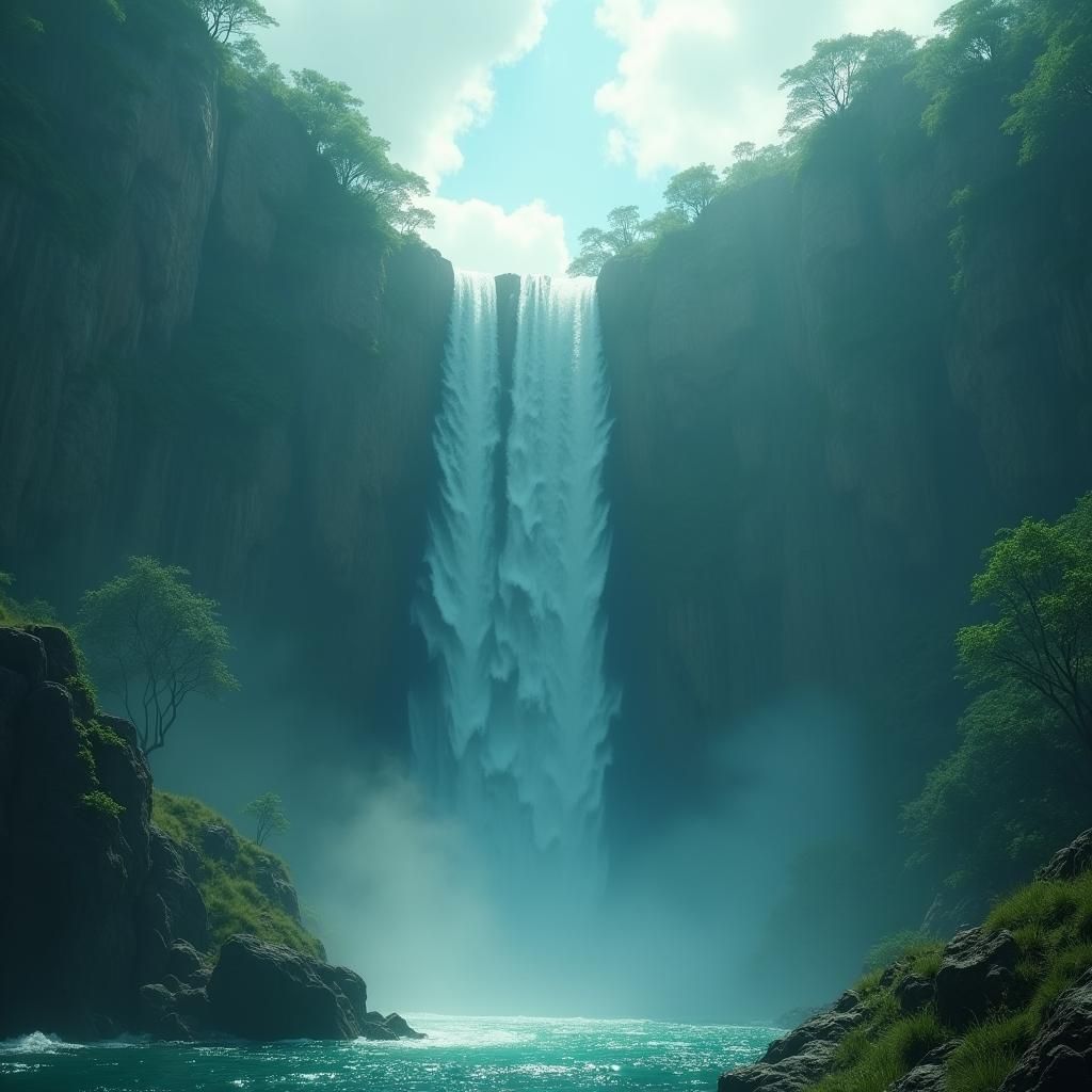 Spectacular Waterfall with Hidden Cave, Fantasy Concept Art